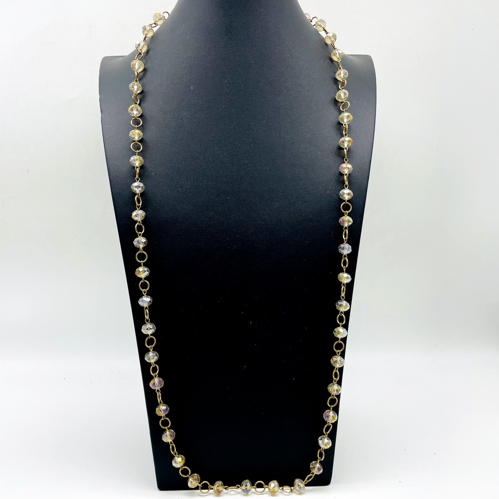 Vintage Aurora Borealis AB Bead Long Necklace Gold Tone Iridescent Jewelry